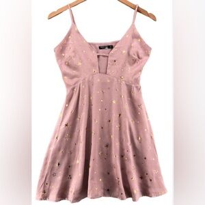Nasty Gal pink satin slip dress with gold stars size 8